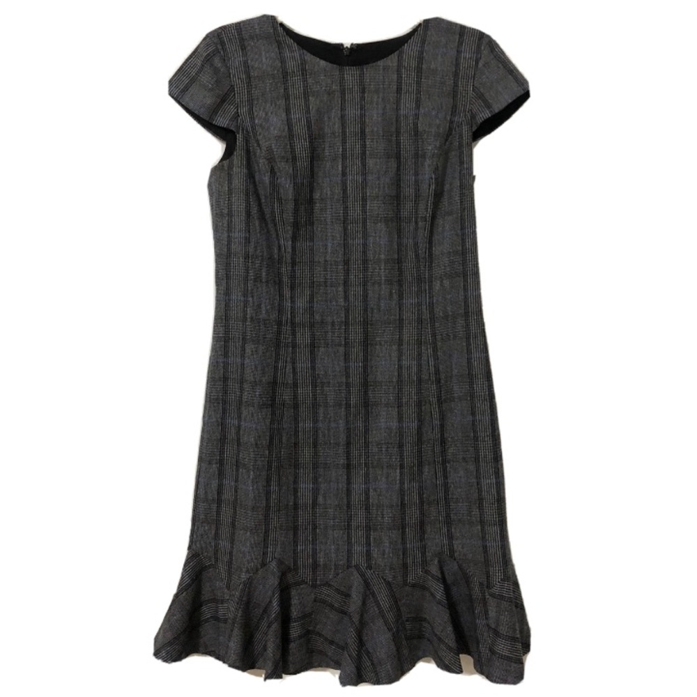 Banana Republic Gray Plaid Ruffle Business Casual Dress, Cap Sleeves, Size 8